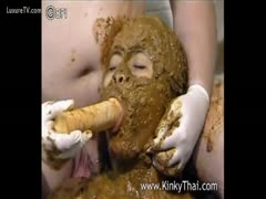 Scat girl got buried in poop and sucks dildo